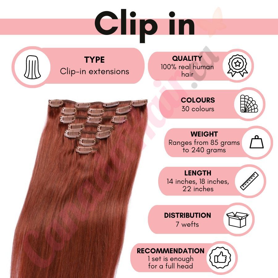 Seamless Clip In Hair Extensions, Dark Auburn, Remy Human Hair