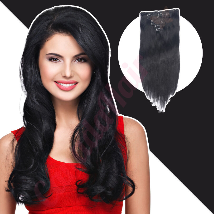 8A Jet Black Clip in Remy Human Hair Extensions (7pcs/70g #1)