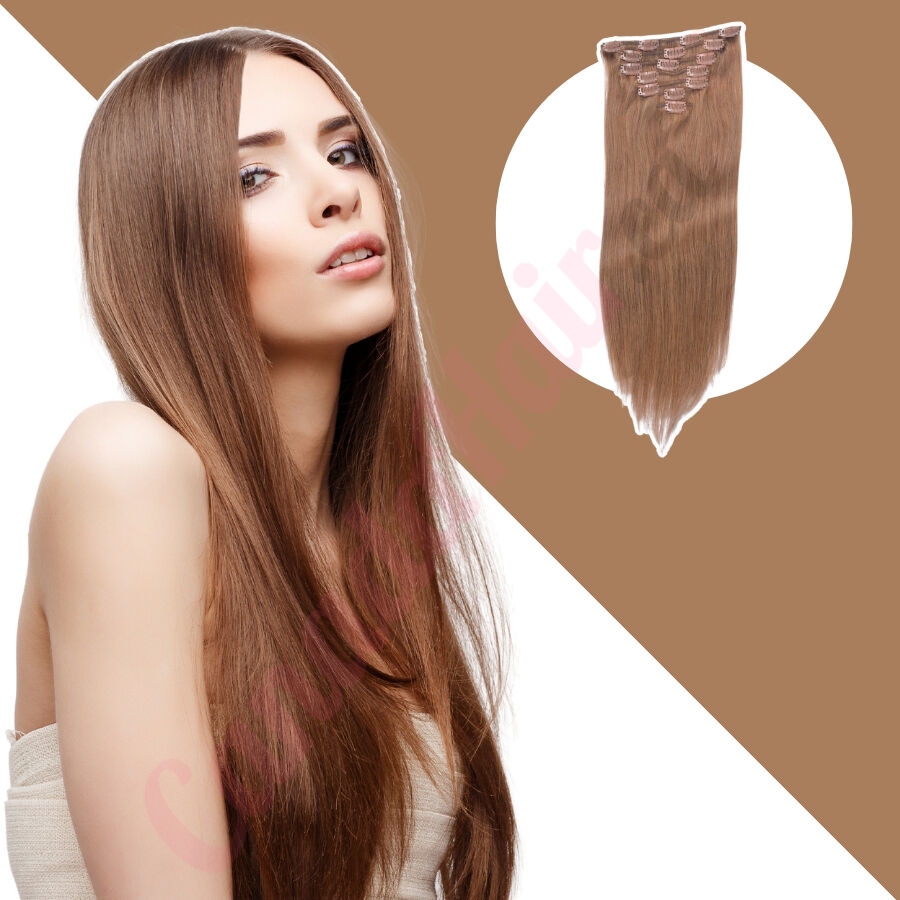 Light Brown (#8) CLIP IN hair extensions 100% real hair (human hair)