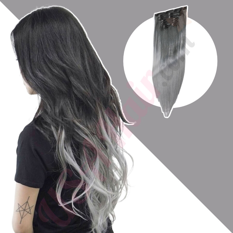 Ombre Gray Clip in hair extensions Fake Hair Synthetic Hair Ombre Gray