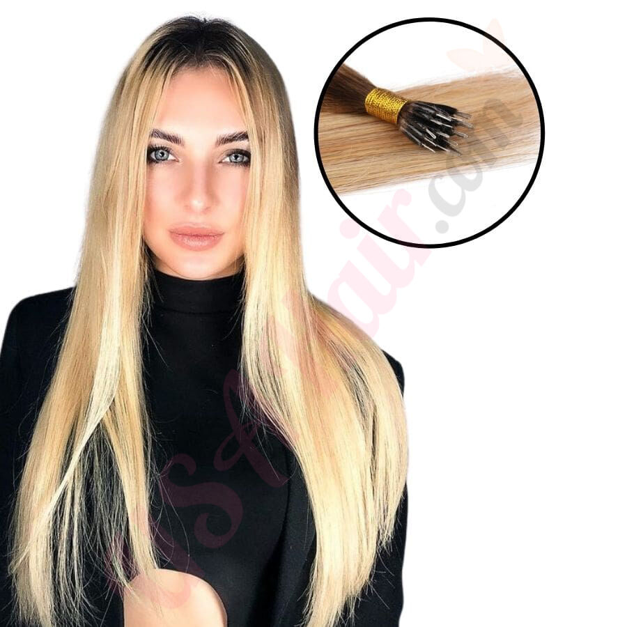 Rooted Honey Blonde Highlights nano beads hair extensions, nano rings  extensions Real Hair Rooted Honey Blonde Highlights