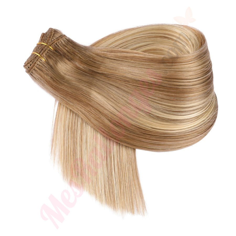 RUNATURE Extensions de cheveux humains à trame attachées à la main – Brun  avec mèches blondes – Trame cousues – 35,6 cm – 100 g