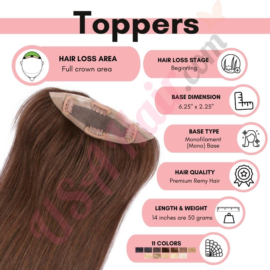 Dark Brown Topper for thinning hair crown area Remy Hair Dark Brown