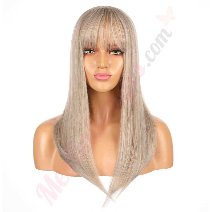Perruque Synthétique Blonde Claire Longue Ondulée Avec Frange - Neuf Sans étiquette - 4 Bonnets Inclus