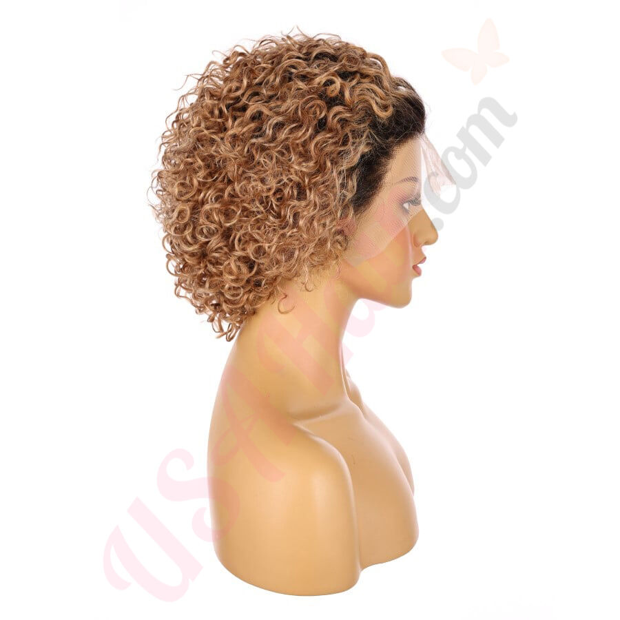 Short curly rooted sandy store human hair blend wig